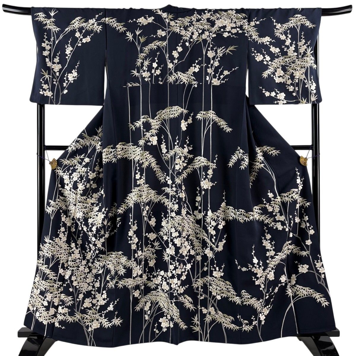 訪問着 身丈160cm 裄丈68cm L 袷 枝梅 笹 刺繍 金糸 濃紺 正絹 逸品 【中古】