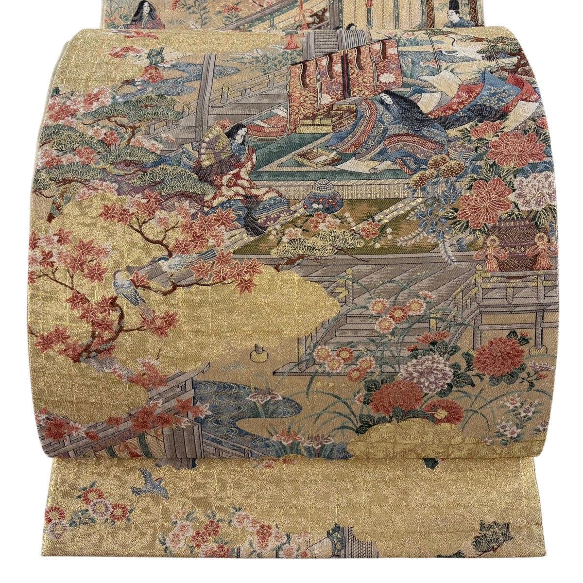 【美品】 袋帯 逸品 証紙 源氏絵巻 御所風景 人物 金糸 箔 金色 六通 正絹 【中古】