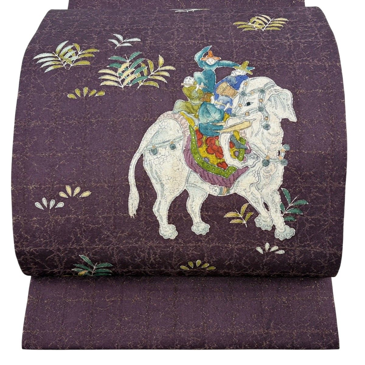 【美品】 開き名古屋帯 逸品 象 人物 箔 ぼかし 紫 正絹 【中古】