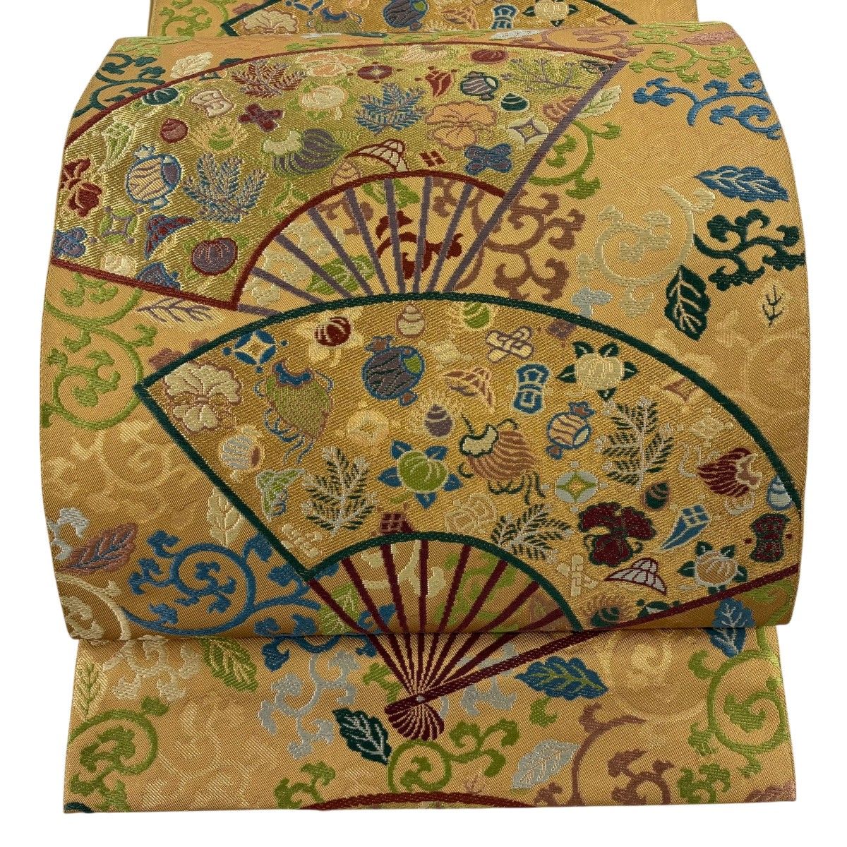 【美品】 袋帯 逸品 川島織物 落款 扇 宝尽くし 金糸 箔 黄土色 六通 正絹 【中古】