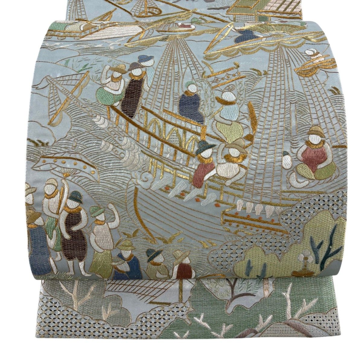 【美品】 袋帯 逸品 人物 船 刺繍 金糸 銀色 お太鼓柄 正絹 【中古】