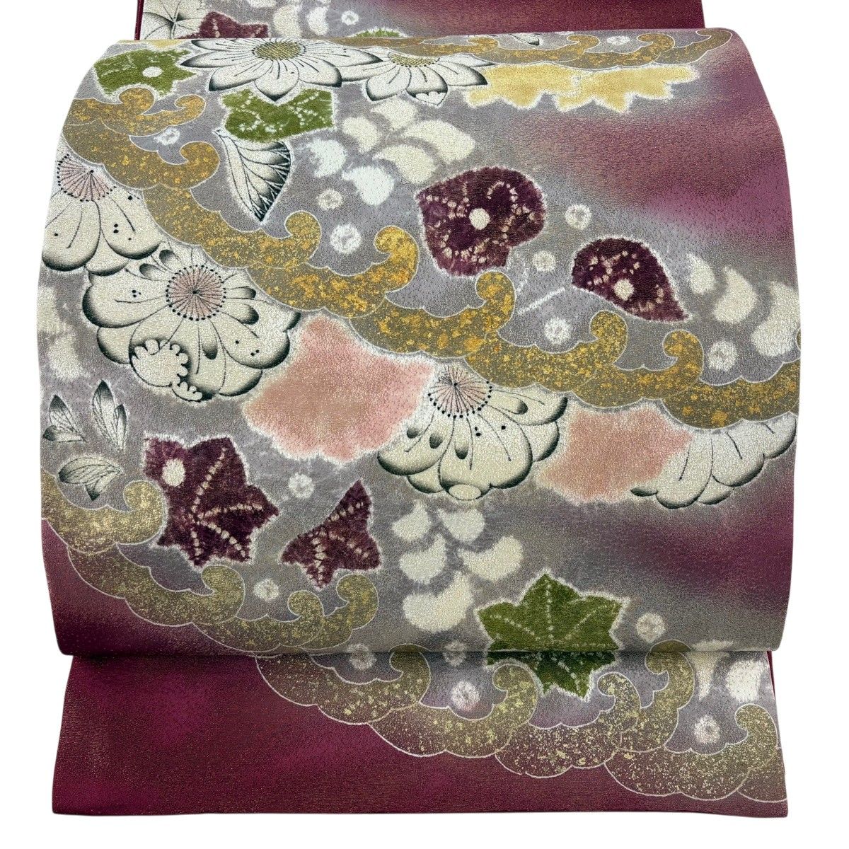 【美品】 袋帯 逸品 小倉淳史 落款 辻が花 霞 金糸 金銀彩 赤紫 お太鼓柄 正絹 【中古】