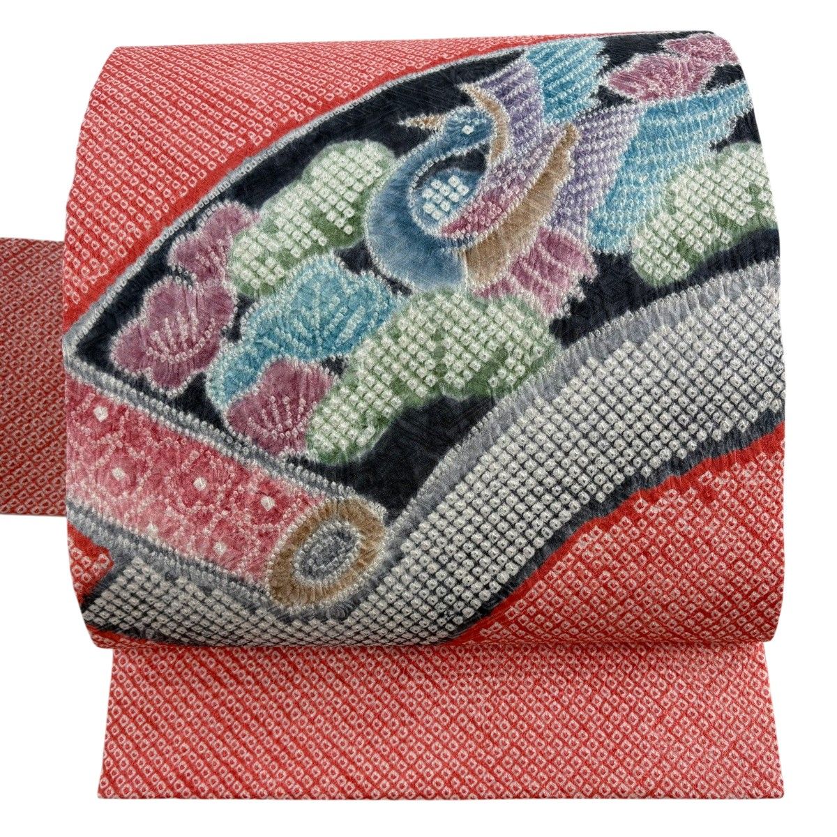 【美品】 名古屋帯 逸品 巻物 花鳥 絞り サーモンピンク 正絹 【中古】