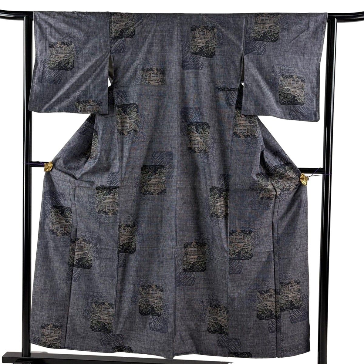 【美品】 大島紬 身丈155cm 裄丈62.5cm S 袷 都喜ヱ門 証紙 破れ色紙 建物 紫 正絹 逸品 【中古】