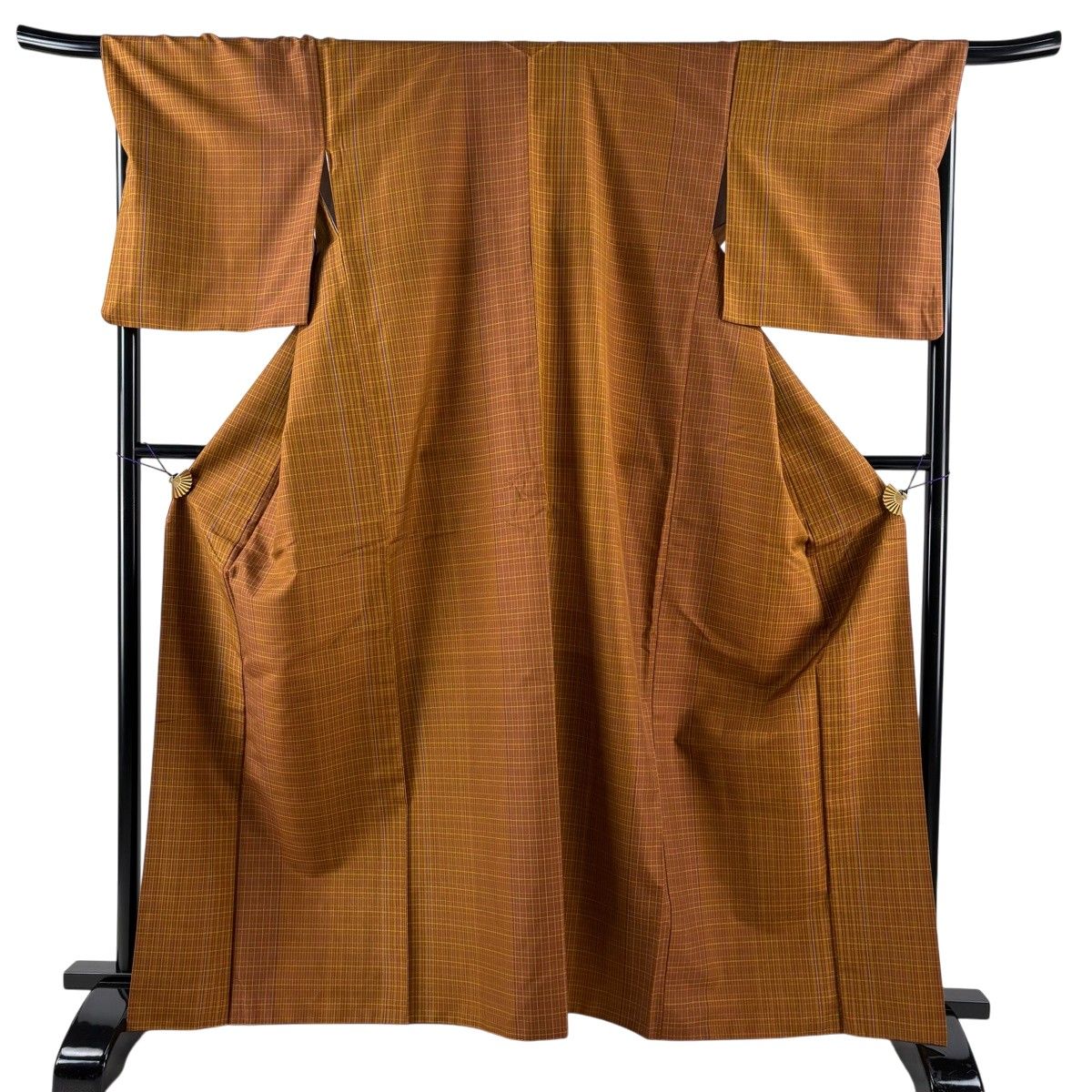 紬 身丈163.5cm 裄丈69.5cm L 袷 格子 茶色 正絹 逸品 【中古】