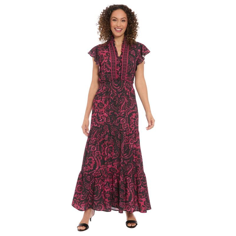 ロンドンタイムス レディース トップス ワンピース フリル シャーリング Womens London Times Ruffle Neck Flutter Sleeve Smocked Waist Dr