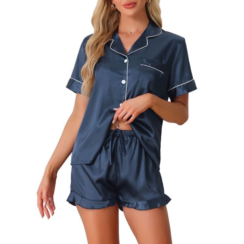 cheibear レディース アンダーウェア ナイトウェア フリル ショートパンツ サテン シルク cheibear Womensatin Pajama Set 2 Piece Short Sleev