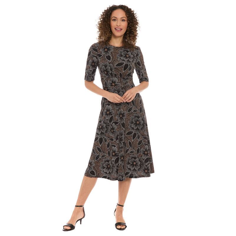 ロンドンタイムス レディース トップス ワンピース A ライン プリント ミディ Womens London Times Printed Midi ALine Dress Black Tan ブラック