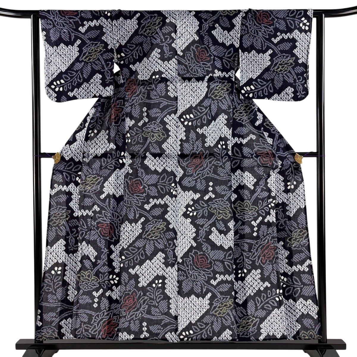 【美品】 浴衣 身丈158.5cm 裄丈62.5cm S 絞り浴衣 草花 濃紺 綿 名品 【中古】