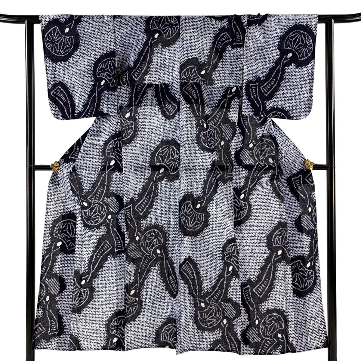 【美品】 浴衣 身丈151cm 裄丈60.5cm S 絞り浴衣 風鈴 紺色 綿 名品 【中古】