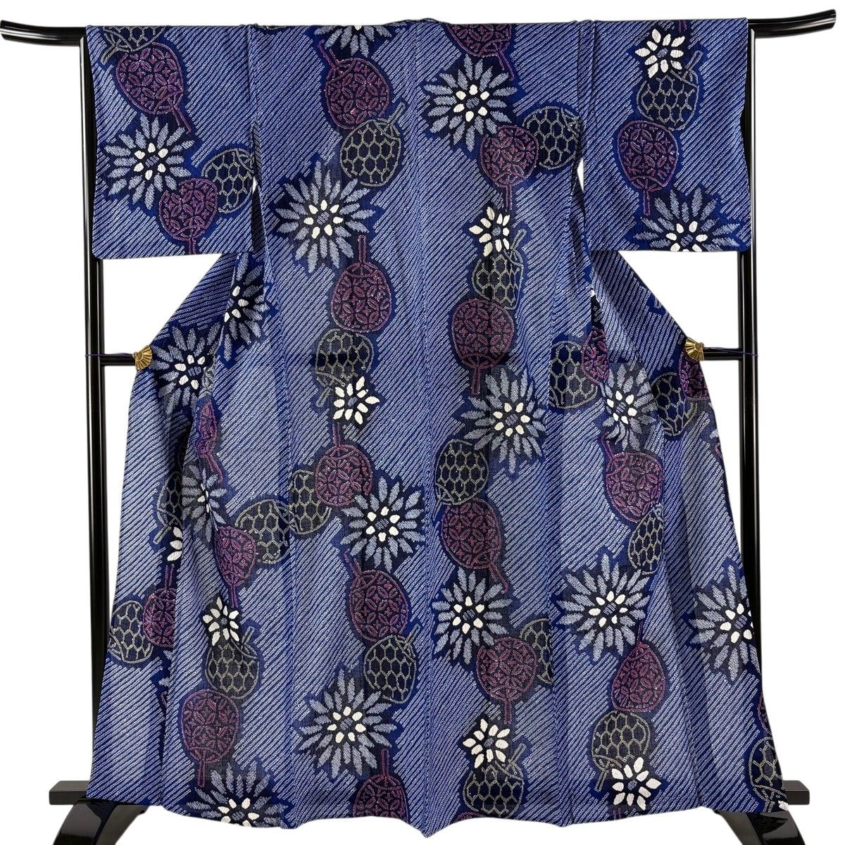 浴衣 身丈160cm 裄丈66cm M 絞り浴衣 団扇 花 青 綿 名品 【中古】