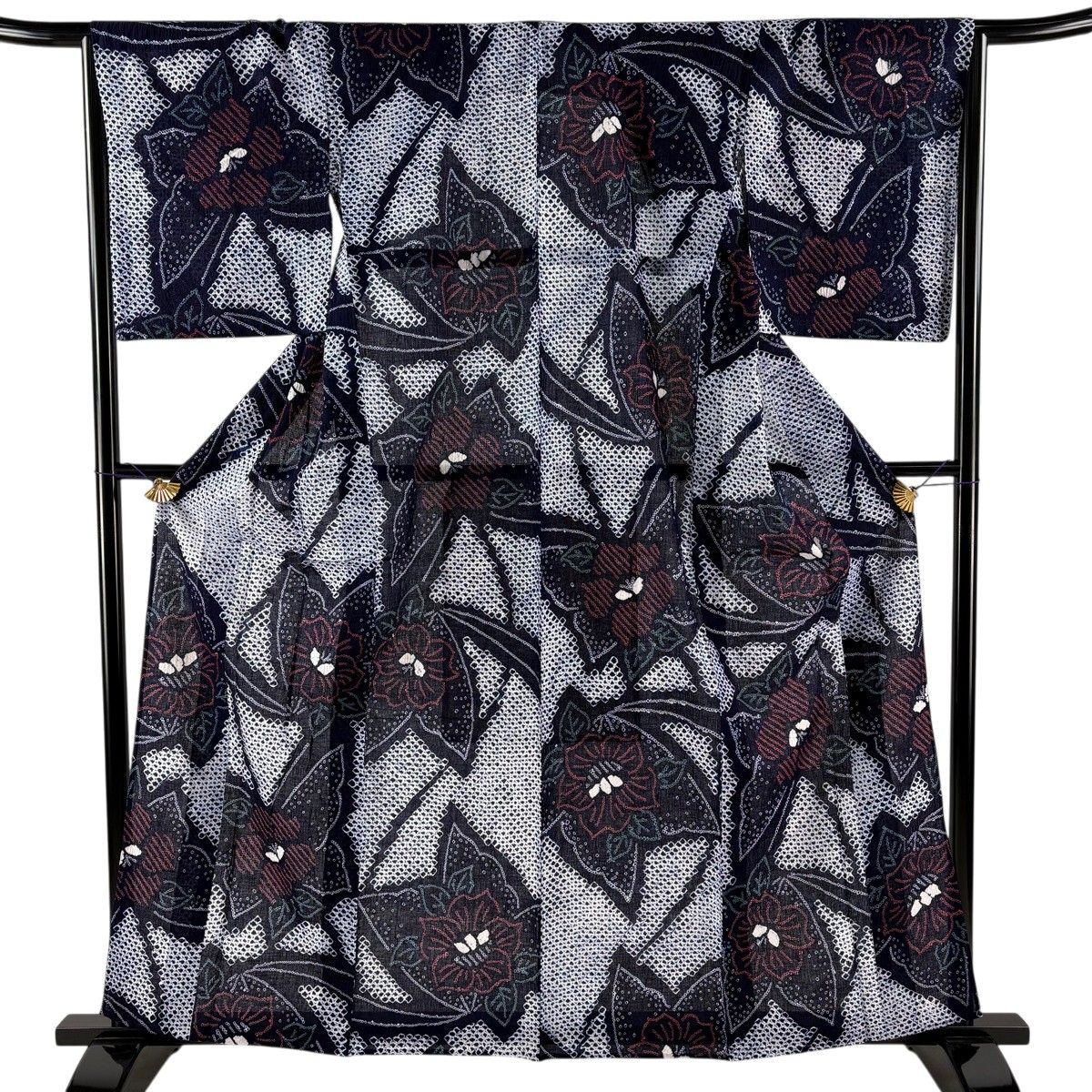 【美品】 浴衣 身丈161.5cm 裄丈67cm M 絞り浴衣 草花 紺色 綿 名品 【中古】