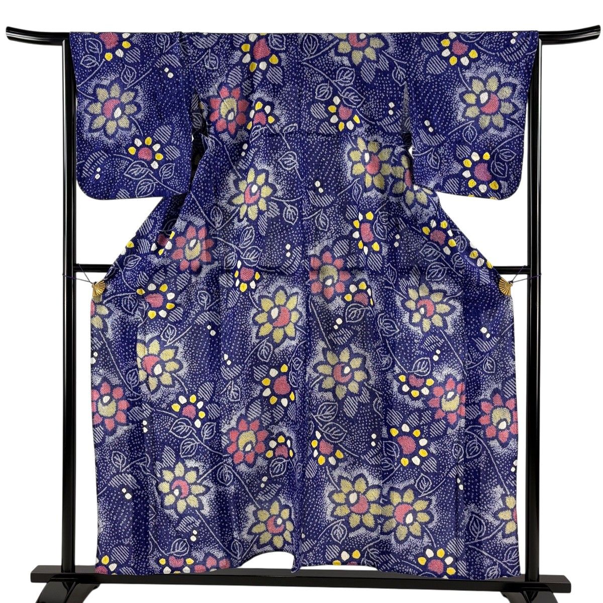 浴衣 身丈154.5cm 裄丈66cm M 絞り浴衣 草花 青紫 綿 名品 【中古】