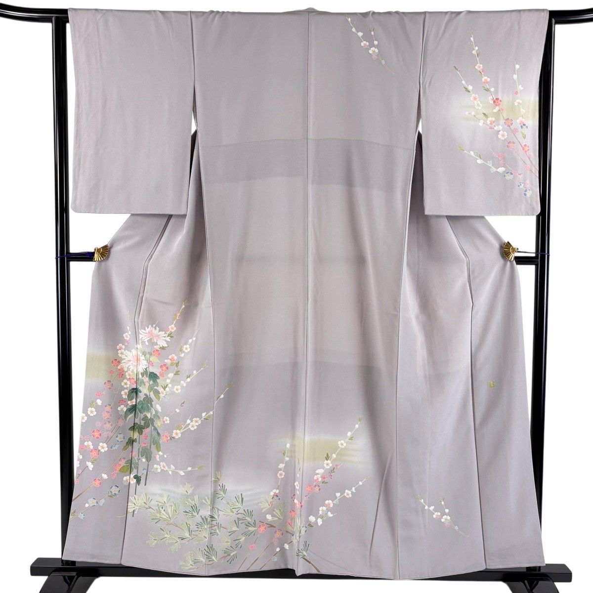 訪問着 身丈156cm 裄丈63cm S 袷 落款 菊 松 ぼかし 灰紫 正絹 名品 【中古】
