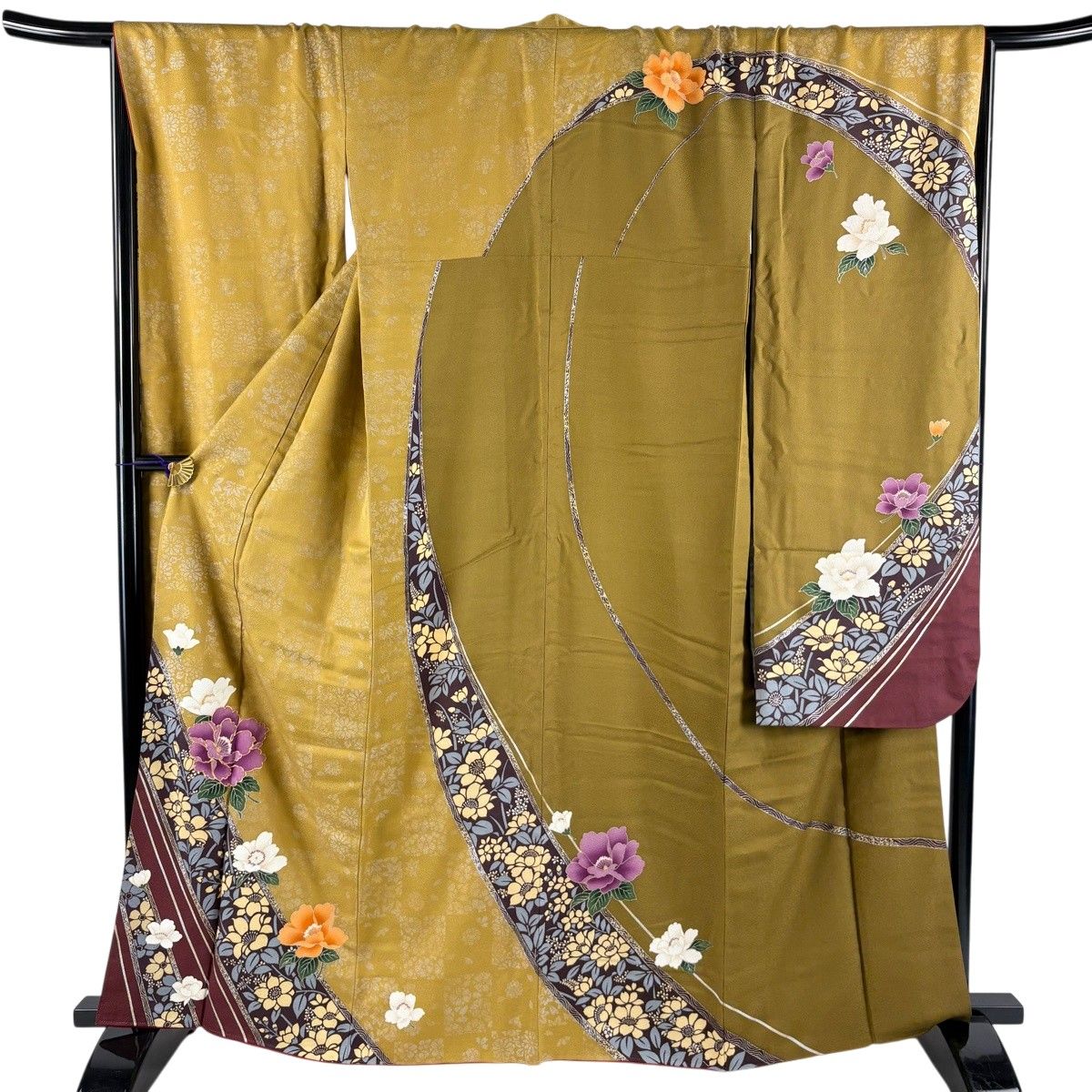 振袖 身丈162.5cm 裄丈67.5cm L 袷 草花 斜縞 金銀彩 金糸 黄土色 正絹 名品 【中古】