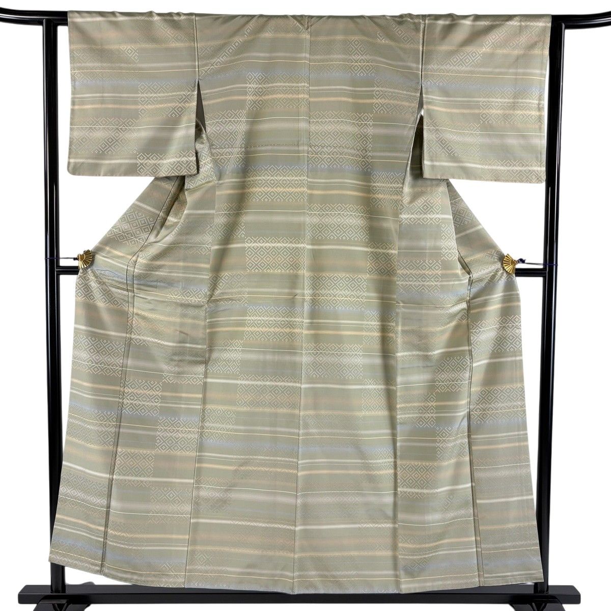 【美品】 紬 身丈155cm 裄丈63cm S 袷 縞 菱 花織 灰緑 正絹 名品 【中古】