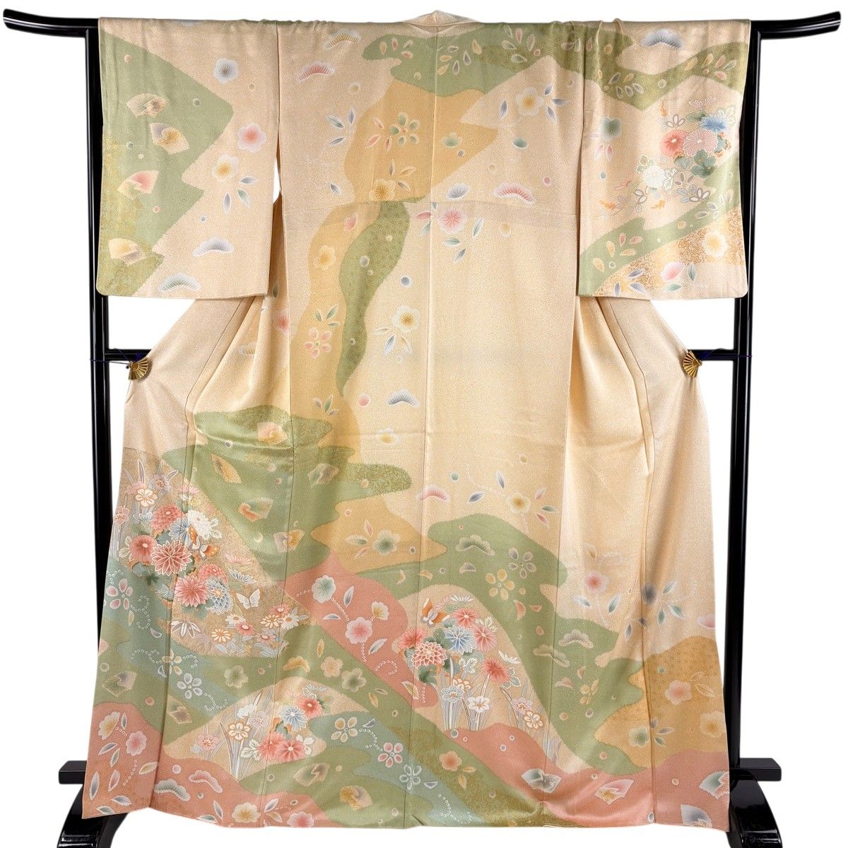 訪問着 身丈167cm 裄丈67.5cm L 袷 草花 蝶 金彩 ベージュ 正絹 名品 【中古】