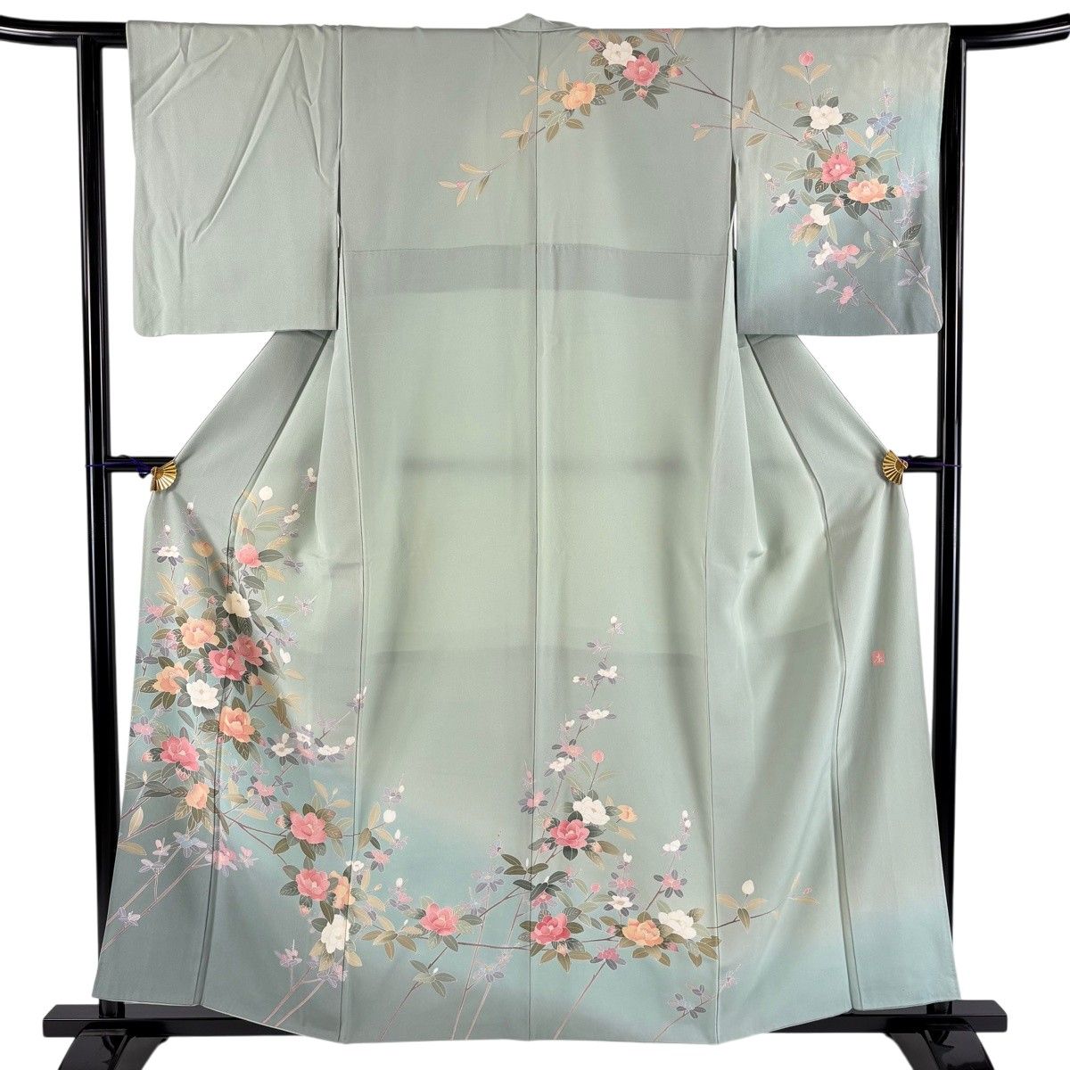 訪問着 身丈157cm 裄丈62cm S 袷 落款 枝花 ぼかし 薄緑 正絹 名品 【中古】