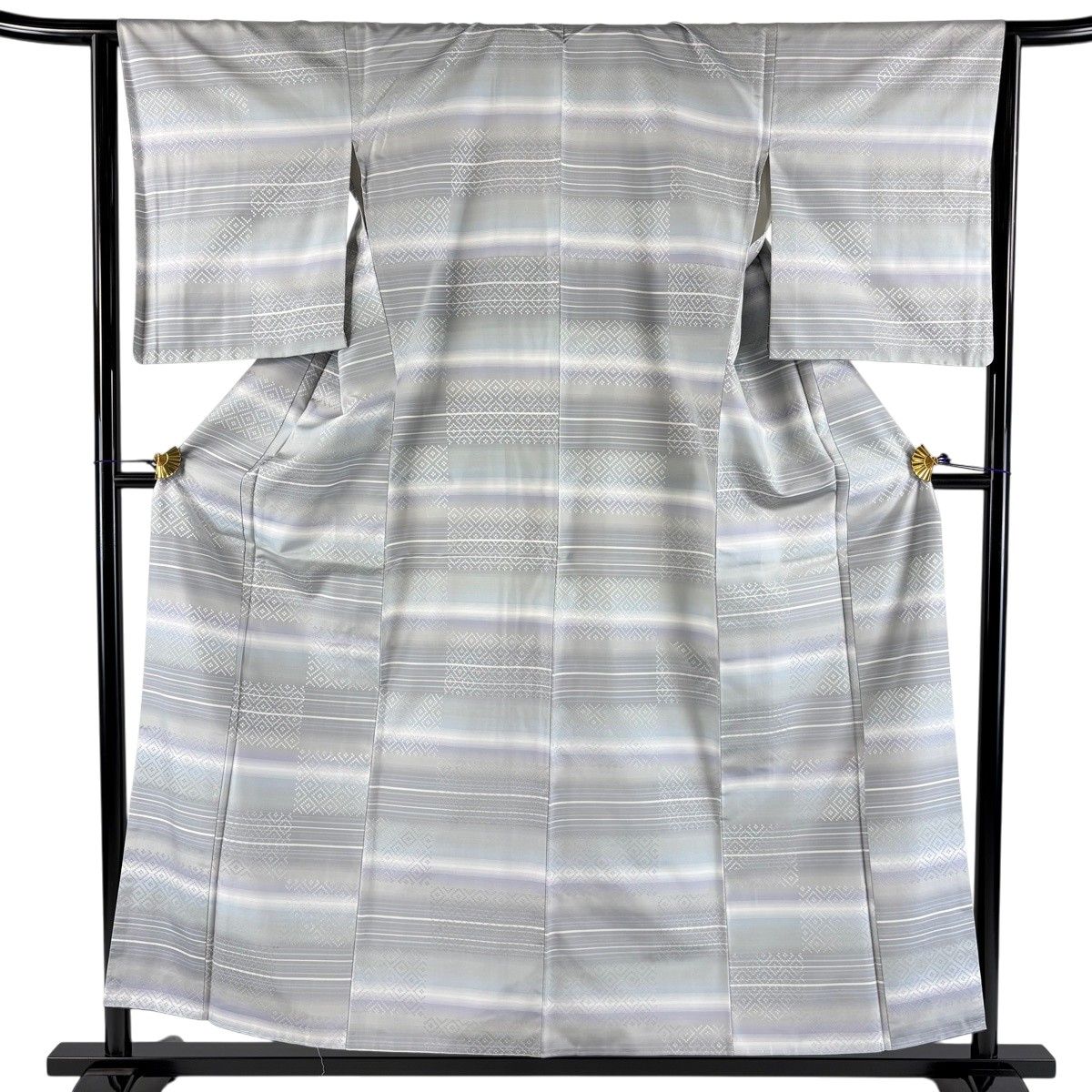 【美品】 紬 身丈155cm 裄丈64.5cm M 袷 花織紬 幾何学模様 横縞 灰紫 正絹 名品 【中古】
