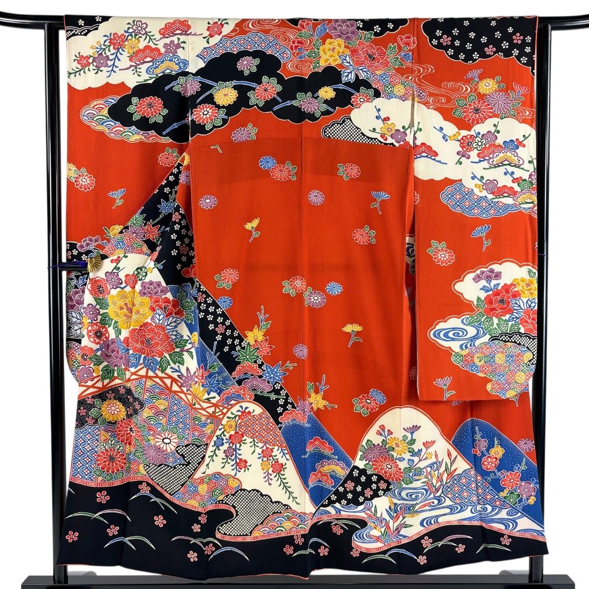 振袖 身丈152cm 裄丈63cm S 袷 牡丹 有職文様 縮緬 染め分け オレンジ 正絹 名品 【中古】
