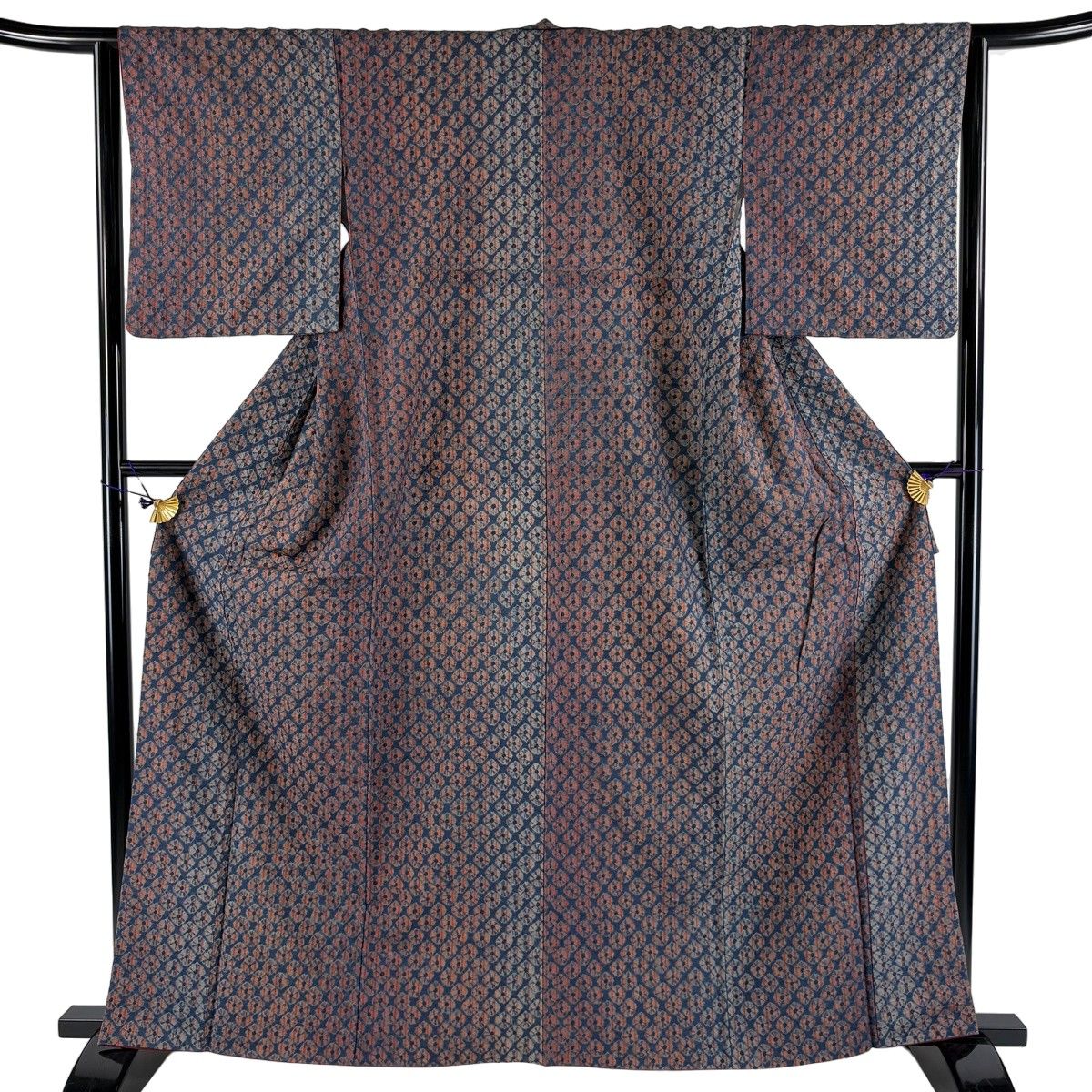 【美品】 小紋 身丈162cm 裄丈63.5cm S 袷 紬地 幾何学模様 絞り 紺色 正絹 名品 【中古】