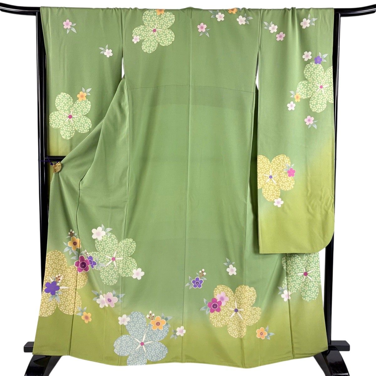振袖 身丈165cm 裄丈67cm M 袷 桜 金彩 ぼかし よもぎ色 正絹 名品 【中古】