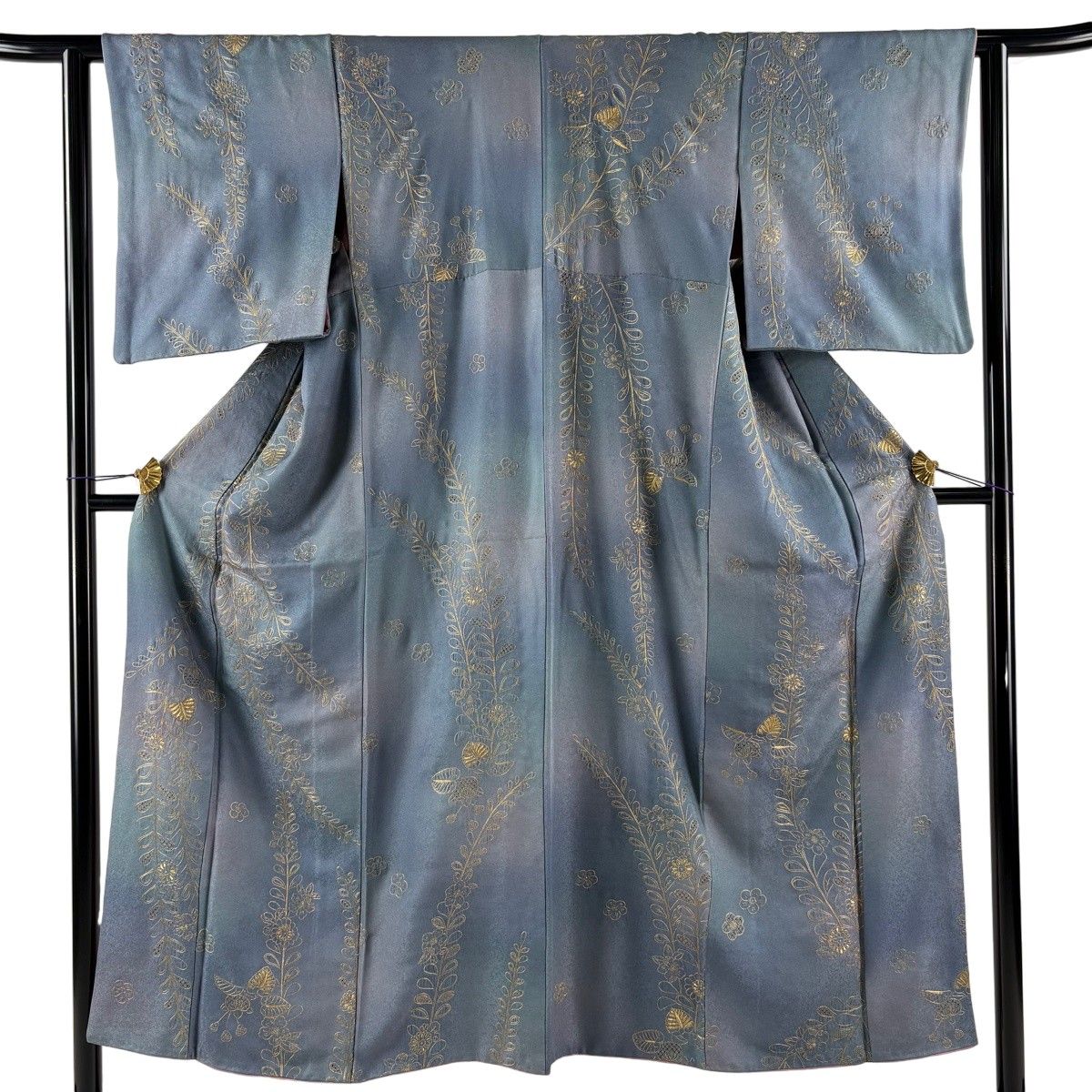 【美品】 小紋 身丈151.5cm 裄丈61.5cm S 袷 草花 金糸 ぼかし 青灰色 正絹 名品 【中古】