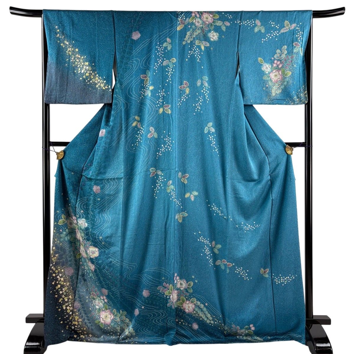 訪問着 身丈171cm 裄丈67.5cm L 袷 辻が花柄 流水 金彩 ぼかし 青緑 正絹 名品 【中古】
