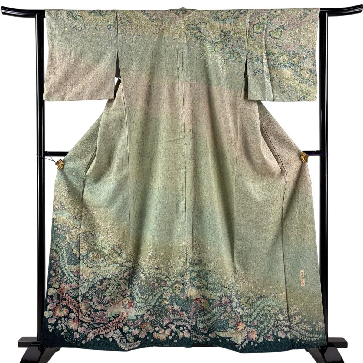 訪問着 身丈159.5cm 裄丈63cm S 袷 落款 辻が花柄 ぼかし 染め分け 灰緑 正絹 名品 【中古】