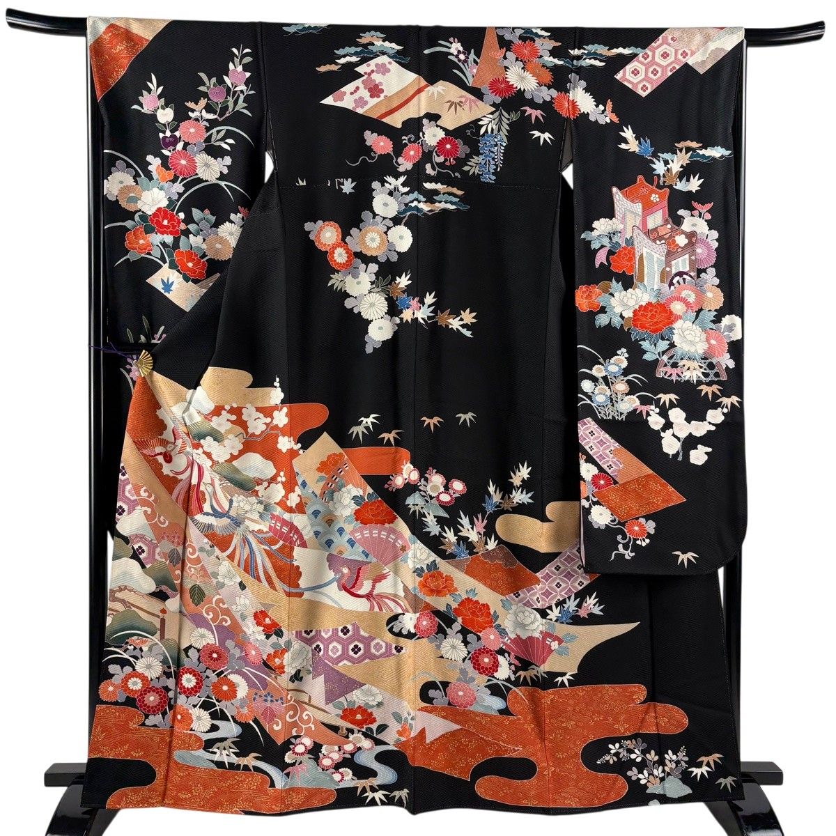 振袖 身丈164cm 裄丈67cm M 袷 鳥 松竹梅 金糸 金彩 黒 正絹 名品 【中古】