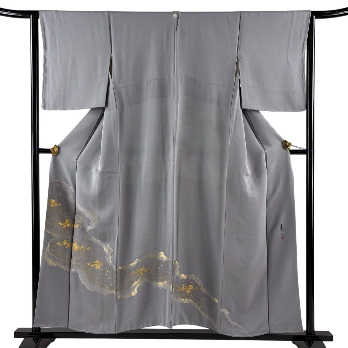 色留袖 身丈152cm 裄丈64cm M 袷 松井青々 落款 霞 箔散らし柄 金糸 金彩 灰色 正絹 名品 一つ紋 【中古】