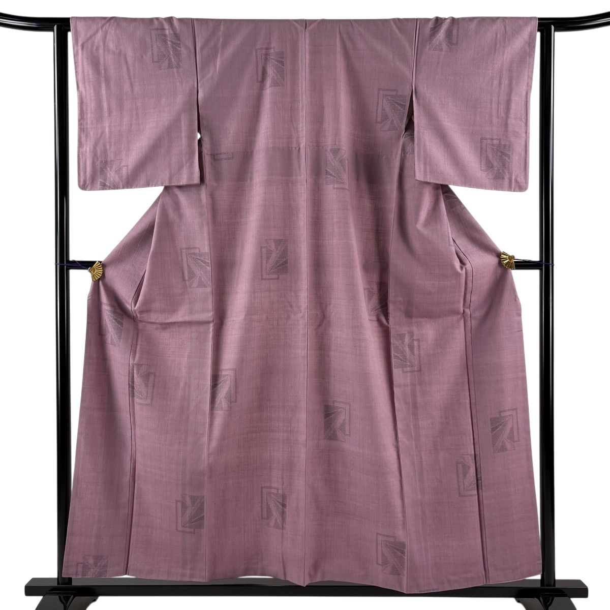 紬 身丈156.5cm 裄丈62.5cm S 袷 証紙 幾何学 亀甲絣 紫 正絹 名品 【中古】