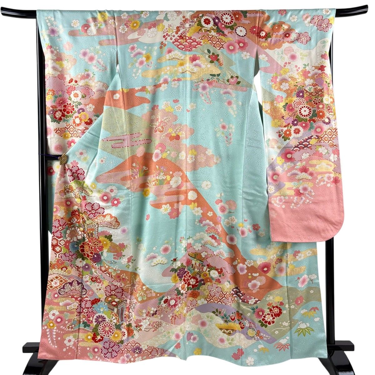 振袖 身丈163cm 裄丈69cm L 袷 御所車 笠松 金糸 金彩 薄緑 正絹 名品 【中古】