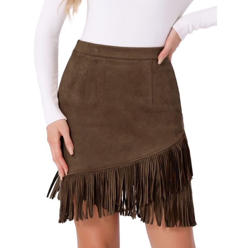 アレグラ ケー レディース ボトムスカート ヴィンテージ ハイウエスト ミニ スエード フリンジ ALLEGRA K Womens Faux Suede Skirt Stretch Fringe Tr