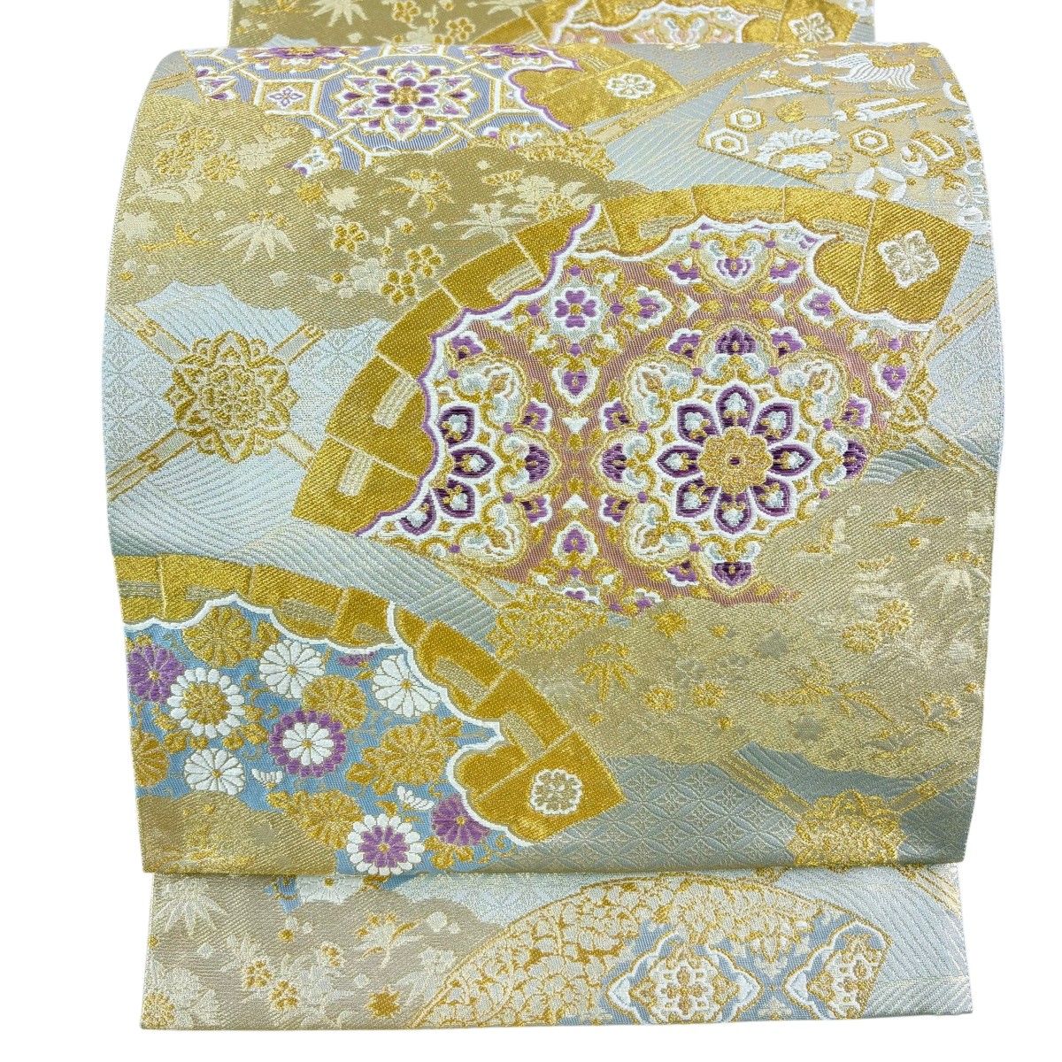 【美品】 袋帯 名品 じゅらく 落款 帝王紫 檜扇 華文 箔 金糸 灰色 お太鼓柄 正絹 【中古】