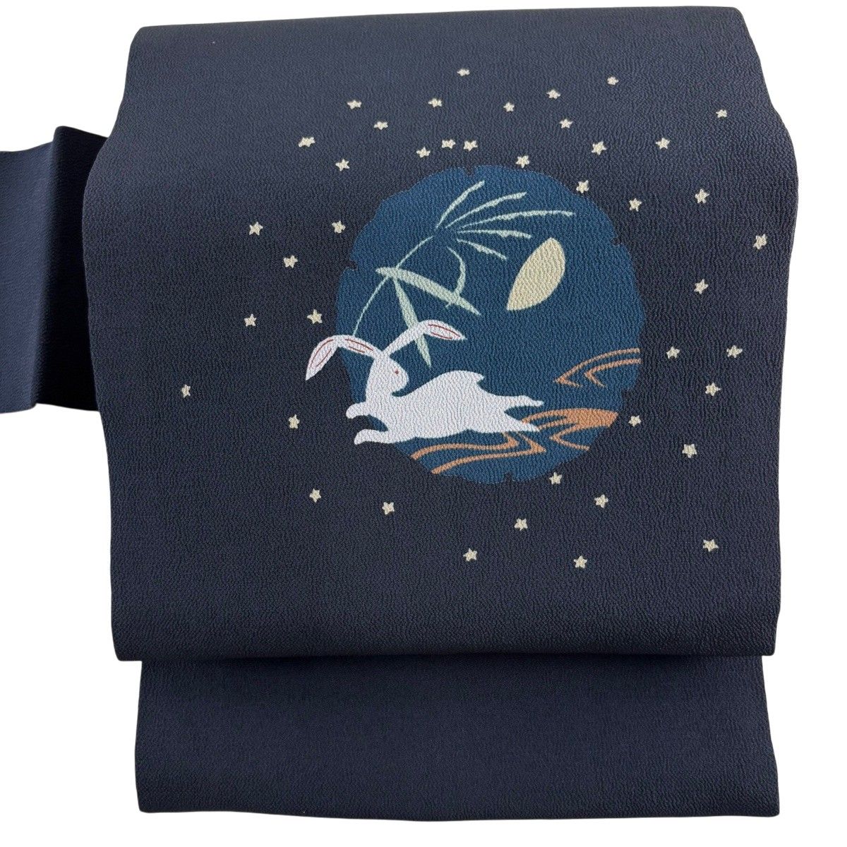 名古屋帯 名品 雪輪 うさぎ 縮緬 濃紺 正絹 【中古】