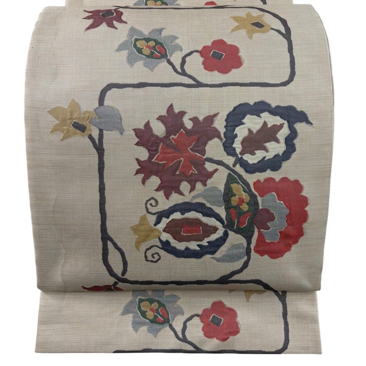 【美品】 袋帯 名品 木屋太 落款 草花 ベージュ 六通 正絹 【中古】