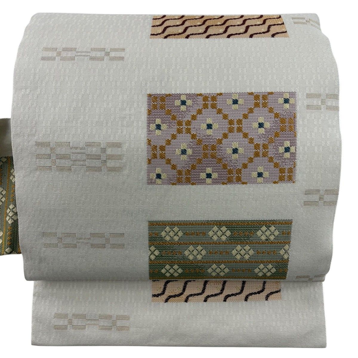 【美品】 名古屋帯 名品 菱 斜め立涌 クリーム 正絹 【中古】