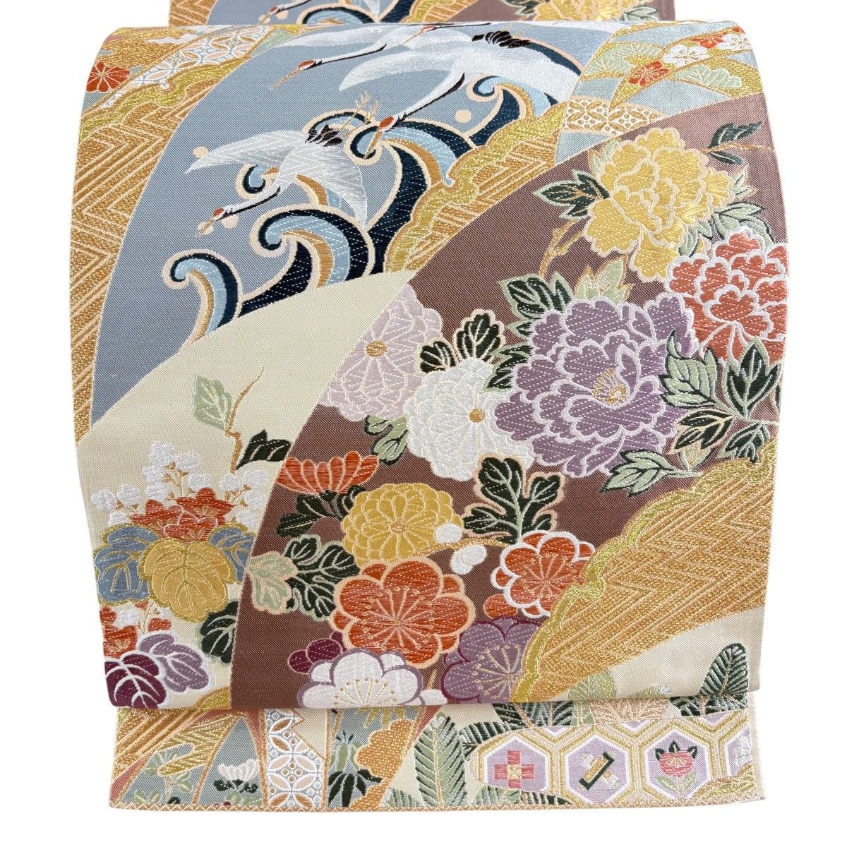袋帯 名品 関西仕立て 鶴 牡丹 箔 唐織 ベージュ 六通 正絹 【中古】