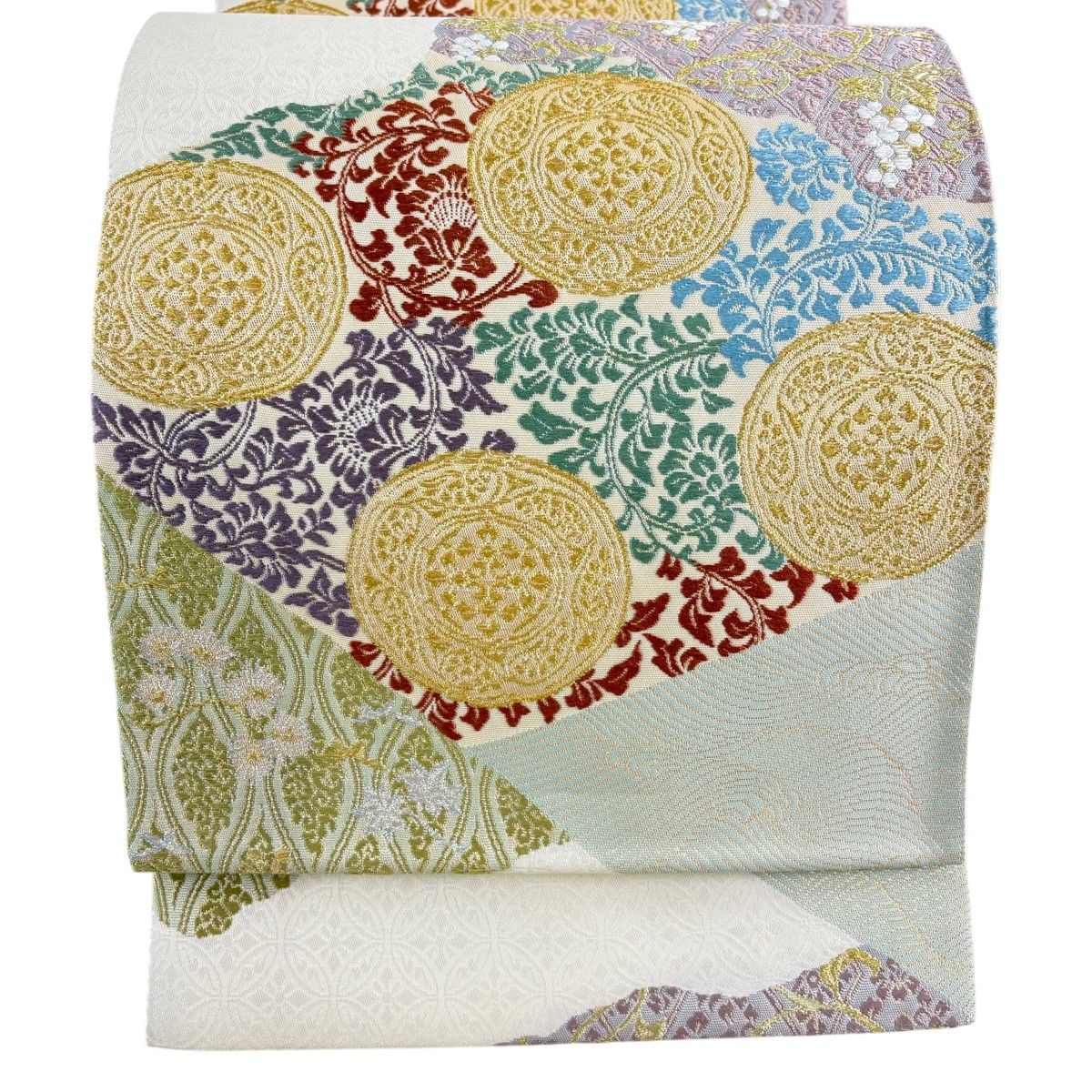 【美品】 袋帯 名品 花唐草 葡萄唐草 金銀糸 箔 ベージュ 六通 正絹 【中古】