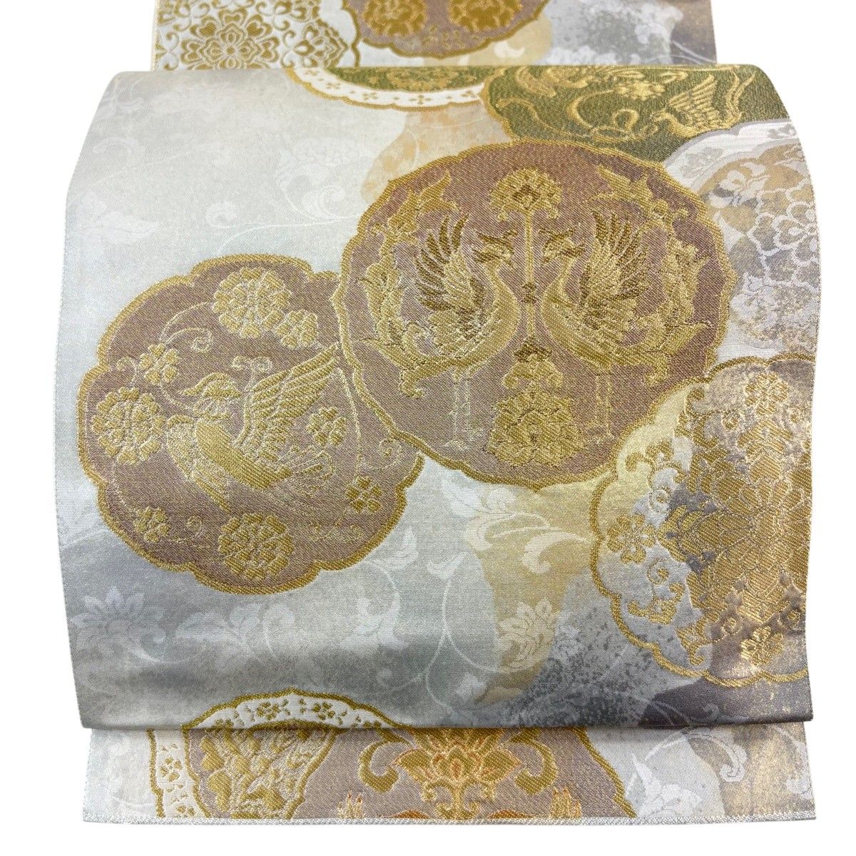袋帯 名品 落款 たかしま帯 青銅箔 関西仕立て 華文 向い鳥 金糸 箔 銀色 六通 正絹 【中古】