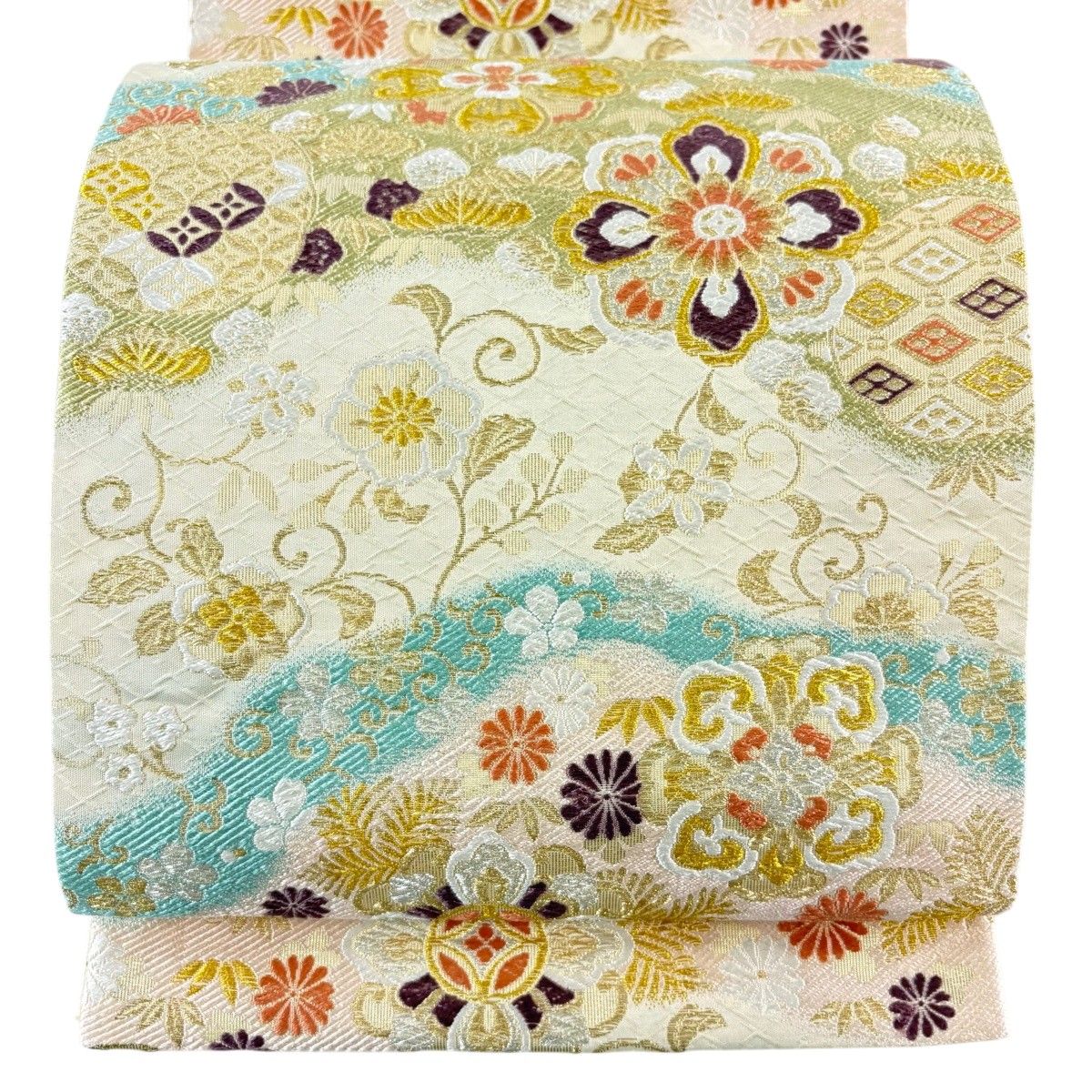 【美品】 袋帯 名品 華文 華唐草 金銀糸 箔 ベージュ 六通 正絹 【中古】