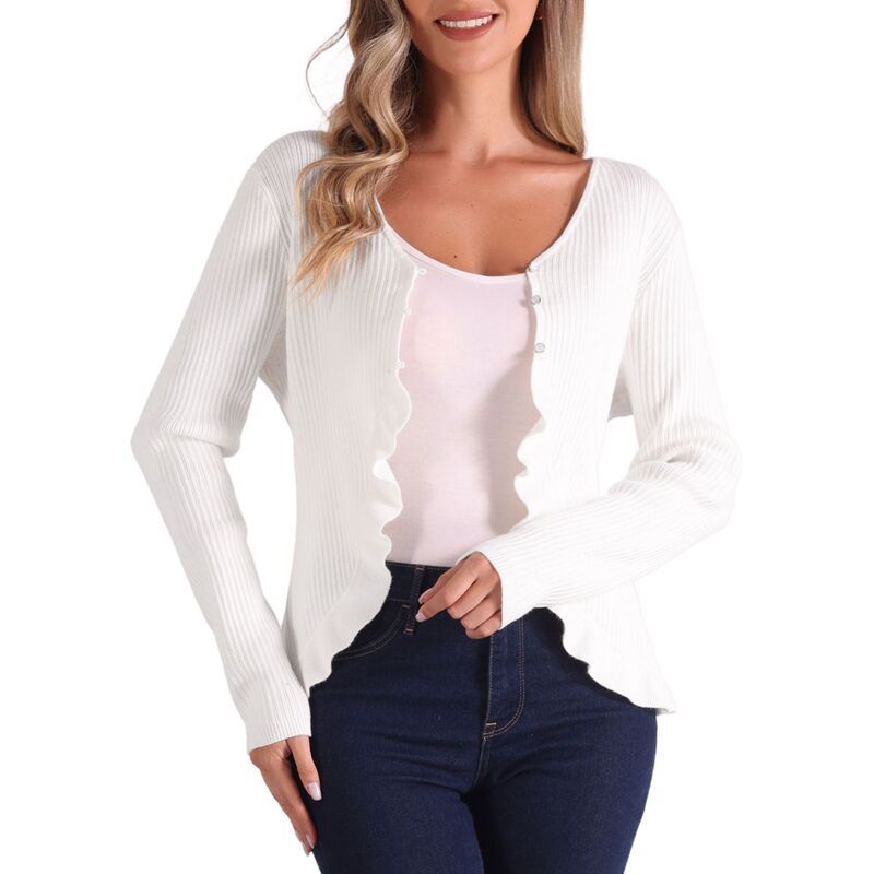 アレグラ ケー レディース アウター ニット・セーター Vネック フリル カーディガン ALLEGRA K Long Sleeve Shrug For Womens Buttonstretchy Ru