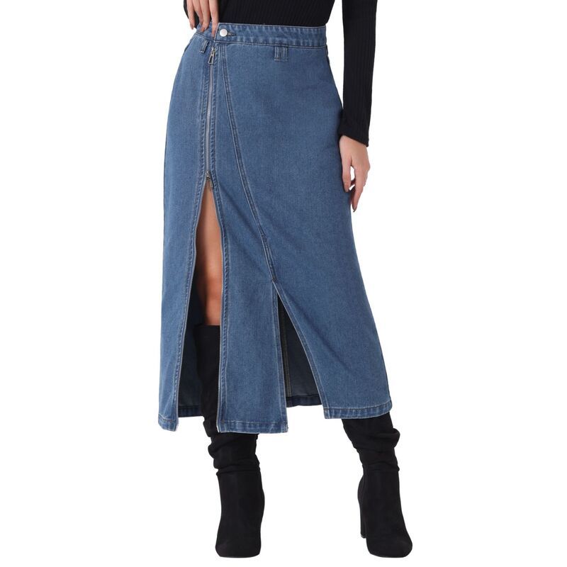 アレグラ ケー レディース ボトムスカート デニム ALLEGRA K Jean Skirt with Pockets for Womens Denim Zipper Front Split Long