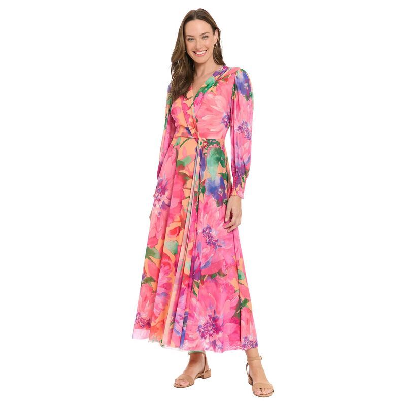 ロンドンタイムス レディース トップス ワンピース フラワー柄 メッシュ マキシ フラワー Womens London Times Floral Bishop Sleeve Mesh Surplice