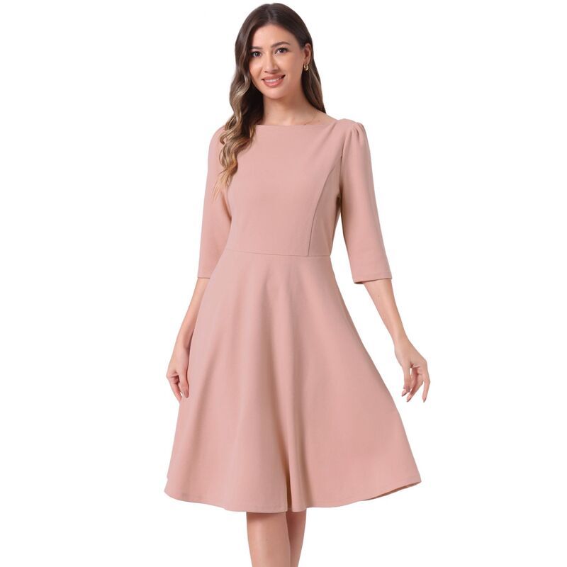 アレグラ ケー レディース トップス ワンピース ミディ ALLEGRA K Wear To Work Dress For Womens Boat Neck Short Sleeves Midi Fl