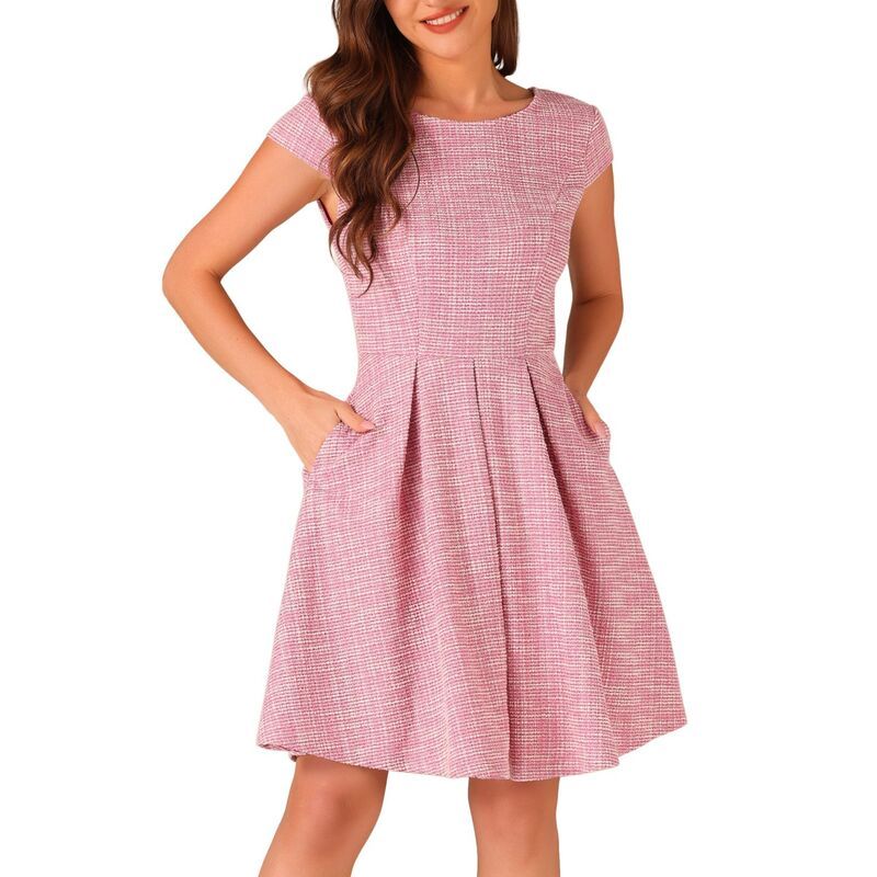 アレグラ ケー レディース トップス ワンピース ヴィンテージ A ライン プリーツイード キャップ ALLEGRA K Plaid Tweedress For Women Round Neck Ca