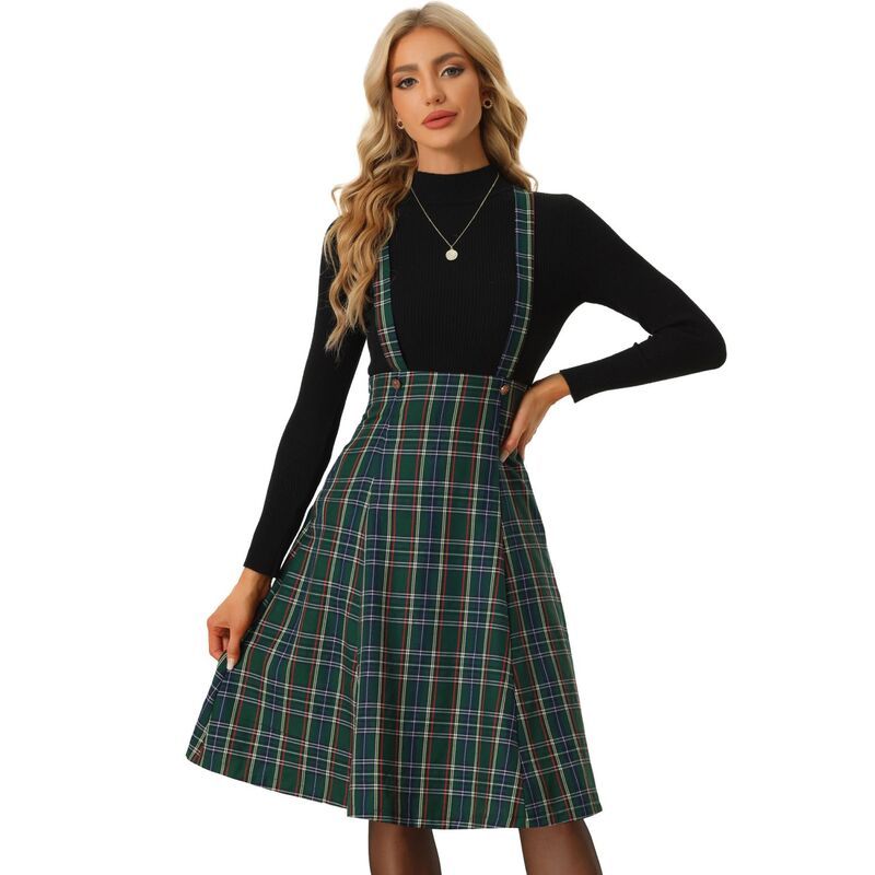 アレグラ ケー レディース ボトムスカート ミディ オーバーオール ALLEGRA K Plaid Midi Suspender Skirt For Womens Tartan Pinafore Ov