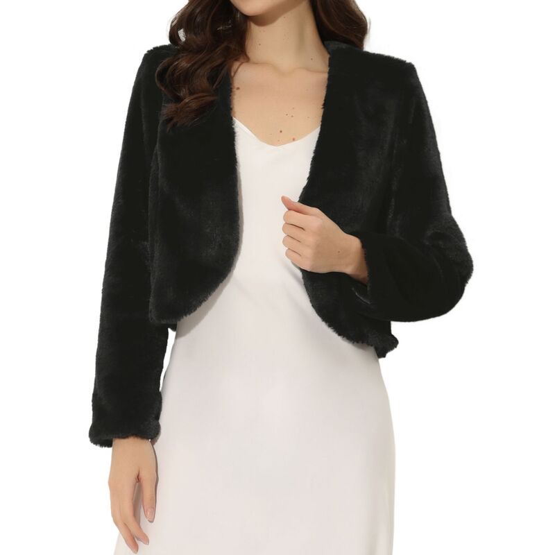 アレグラ ケー レディース アウター ジャケット・ブルゾン クロップド ALLEGRA K Womens Long Sleeve Open Front Cropped Winter Faux Fur