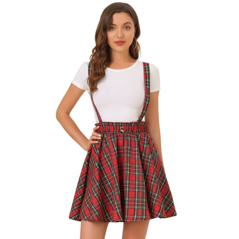 アレグラ ケー レディース ボトムスカート ミニ ALLEGRA K Womensuspender Skirtartan Plaid Button Decor Skater Mini Skirts R
